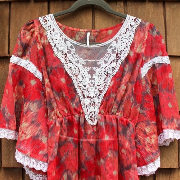 Free People Daydreamer Kimono Style Embroidered Top Lace Sheer Peasant Blouse S - Picture 5 of 9
